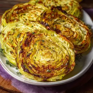 Air fryer cabbage steaks served on a plate with seasonings and herbs