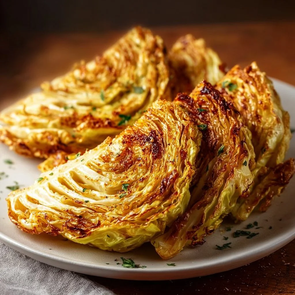 Crispy air fryer cabbage wedges seasoned and ready to serve as a healthy side dish.
