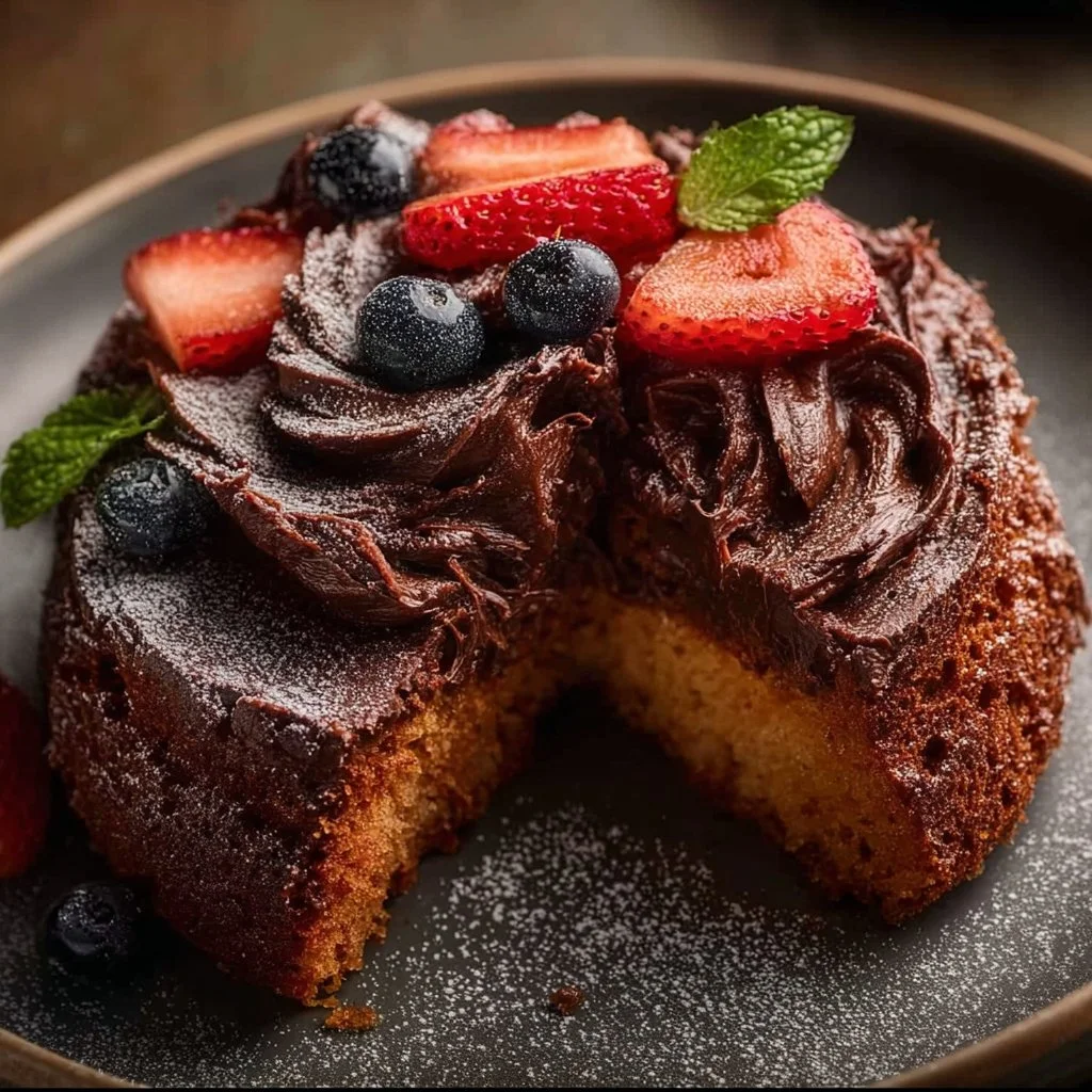 Deliciously baked Air Fryer Cake displayed on a wooden table.