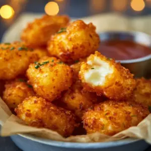Golden brown Air Fryer Cheese Curds served with dipping sauce