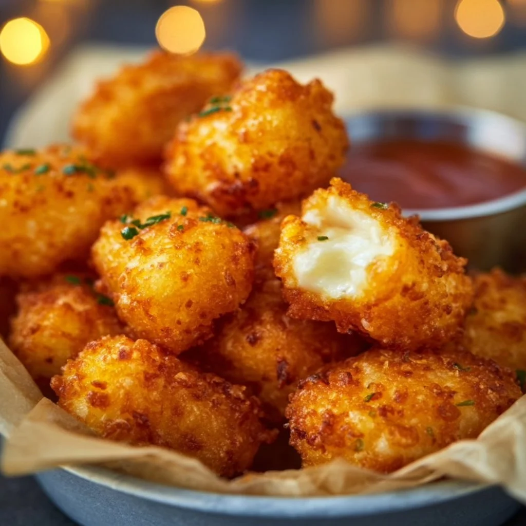 Golden brown Air Fryer Cheese Curds served with dipping sauce