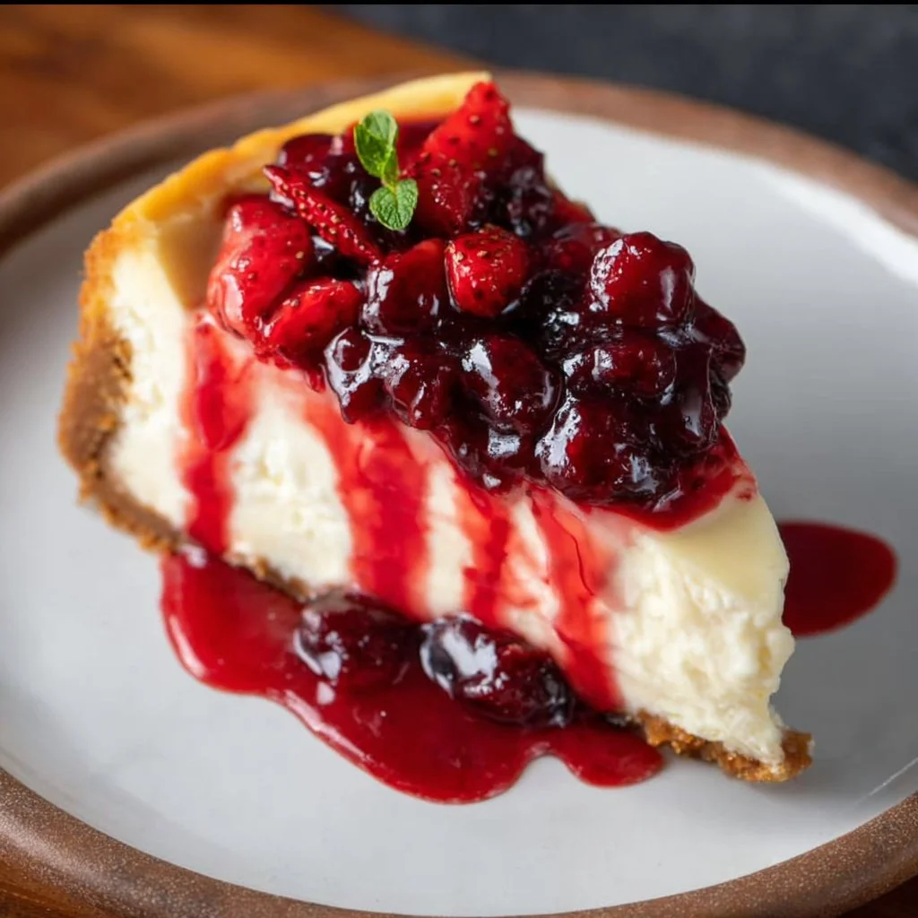 Delicious air fryer cheesecake ready to be served on a dessert plate