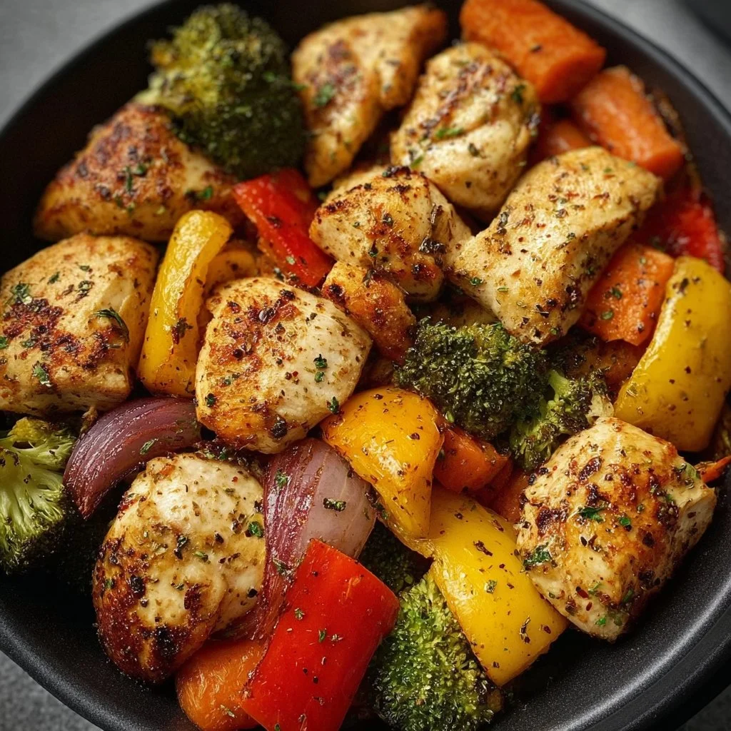 Plate of air fryer chicken and vegetables ready to serve