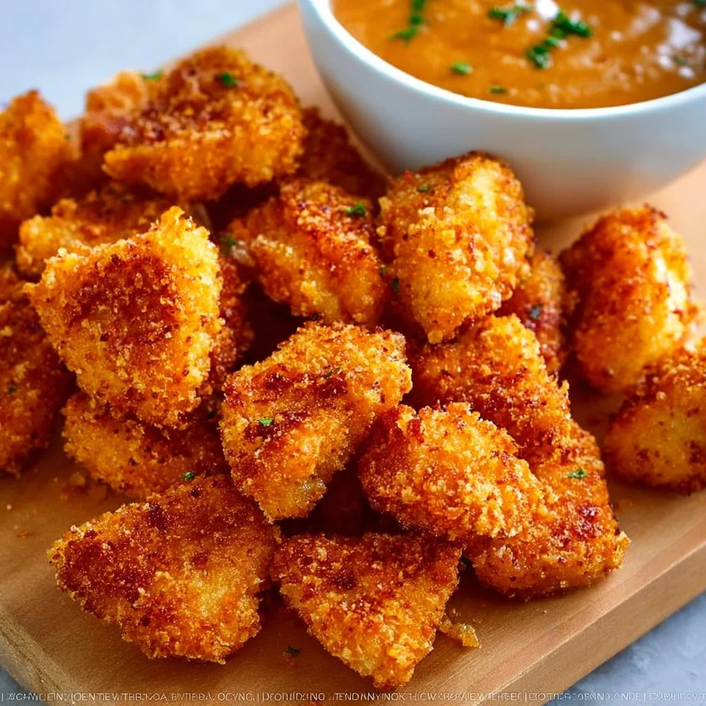 Delicious air fryer chicken bites served with dipping sauce