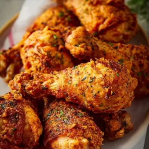 Crispy Air Fryer chicken drumsticks on a plate, garnished with herbs.