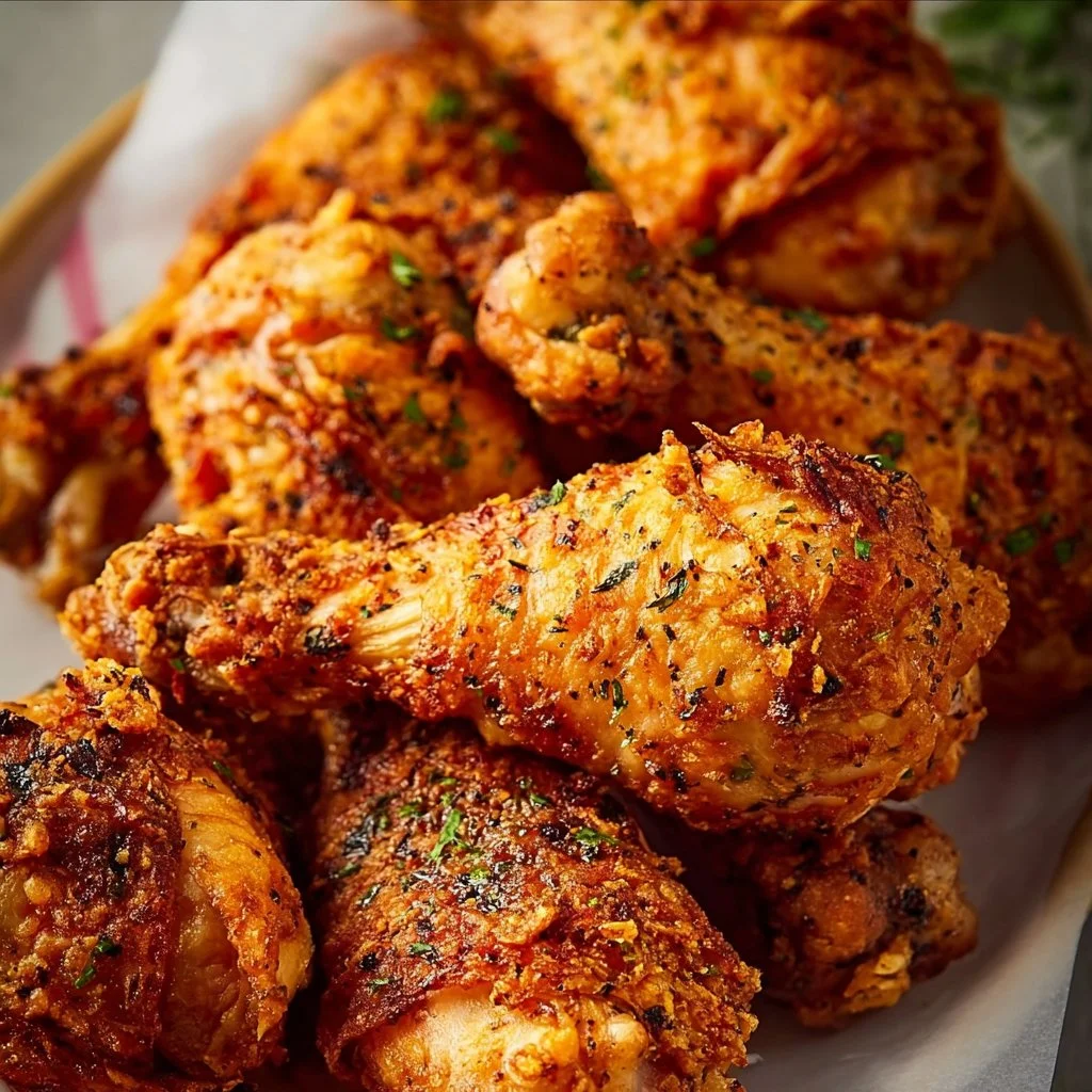 Crispy Air Fryer chicken drumsticks on a plate, garnished with herbs.