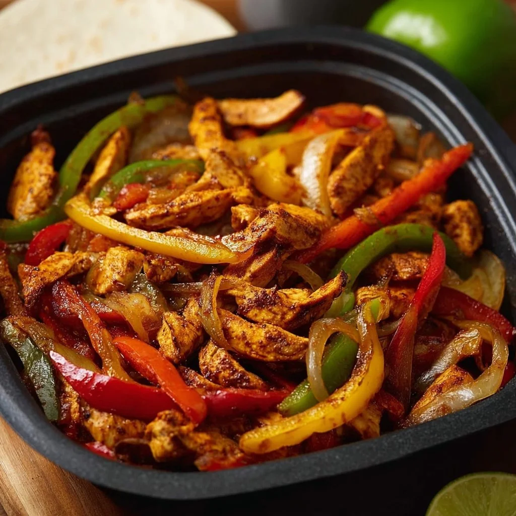 Air Fryer Chicken Fajitas served with colorful bell peppers and onions