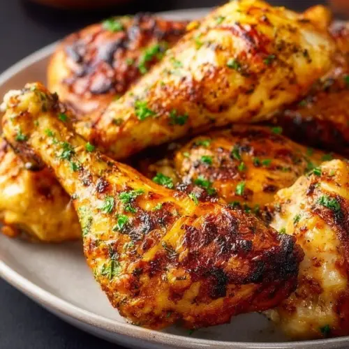 Crispy air fryer chicken legs served with herbs and spices