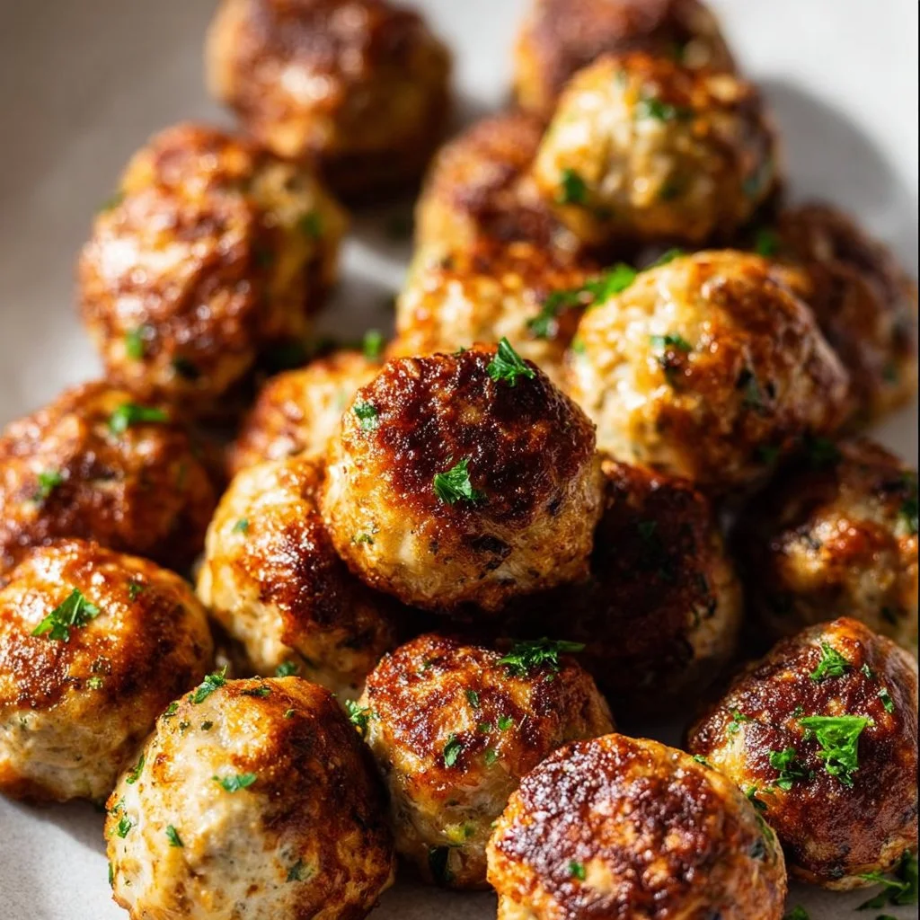 Delicious air fryer chicken meatballs served on a plate with herbs