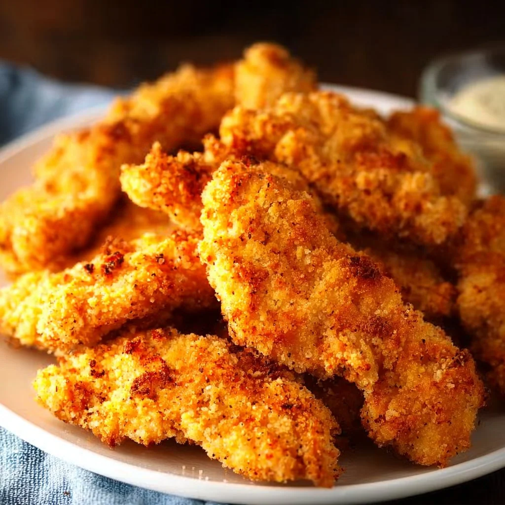 Crispy air fryer chicken strips served with dipping sauce