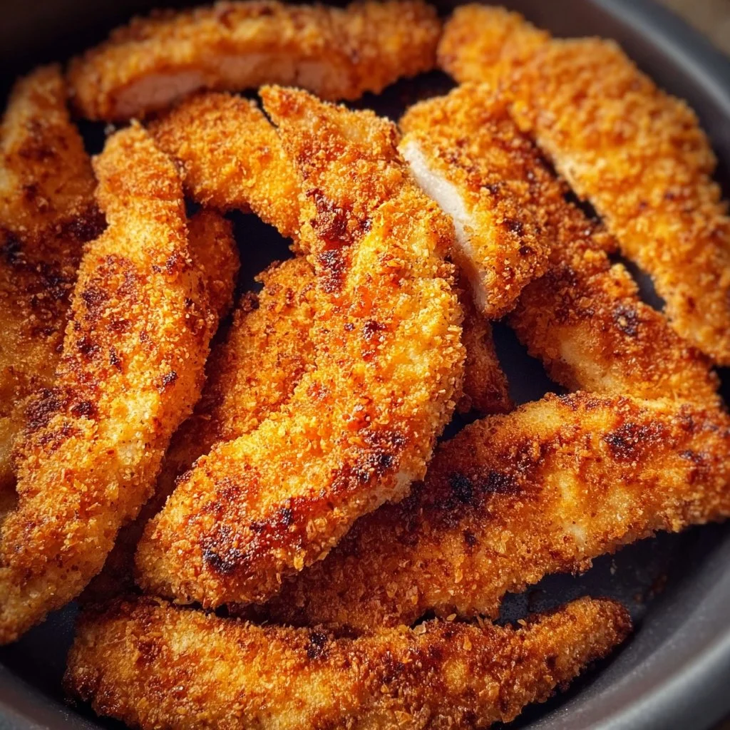 Crispy air fryer chicken strips served with dipping sauce