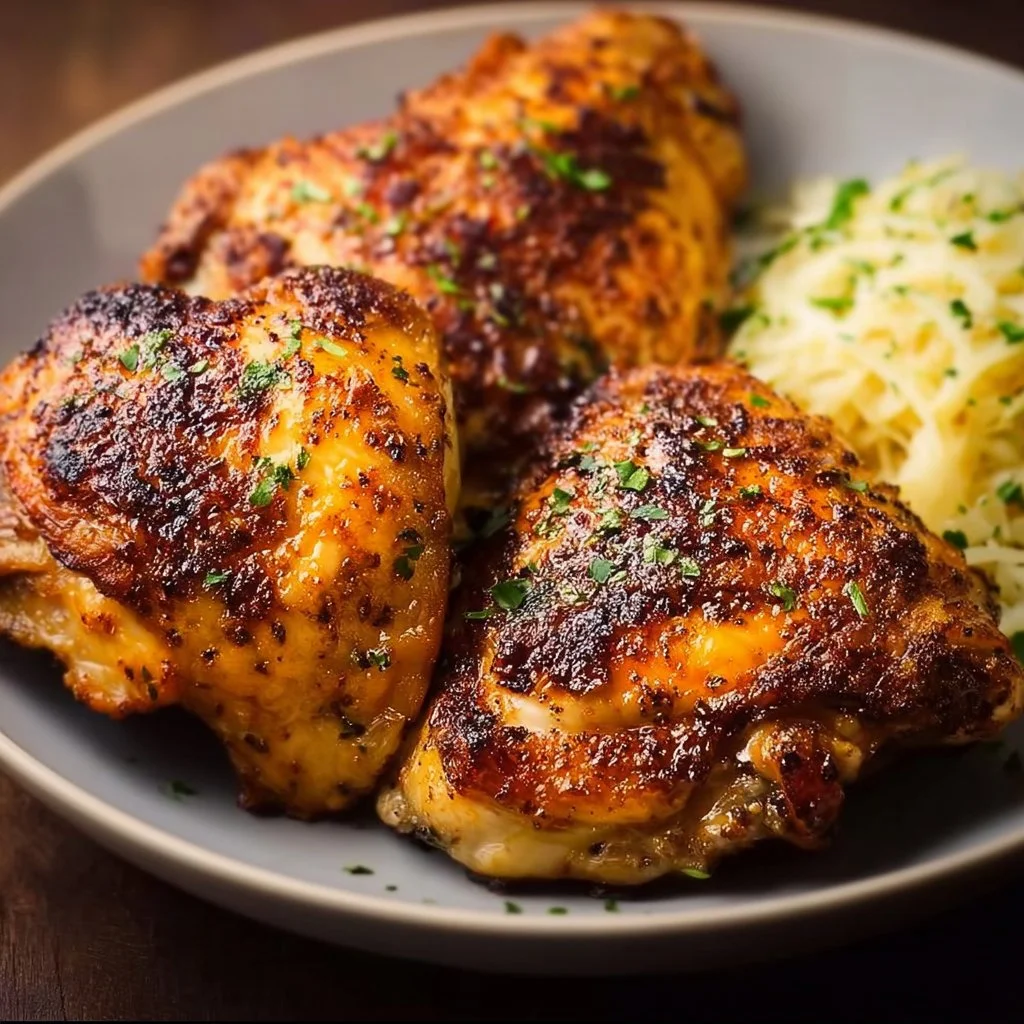 Crispy air fryer chicken thighs garnished with herbs