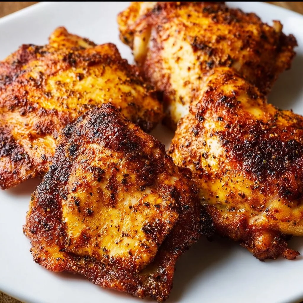 Crispy Air Fryer Chicken Thighs garnished with herbs on a plate