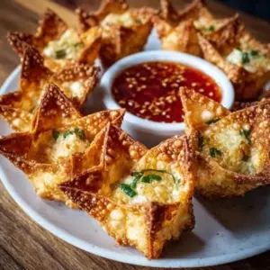 Crispy golden air fryer crab rangoon served on a platter