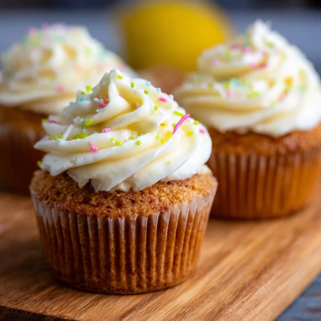 Delicious air fryer cupcakes topped with frosting and sprinkles