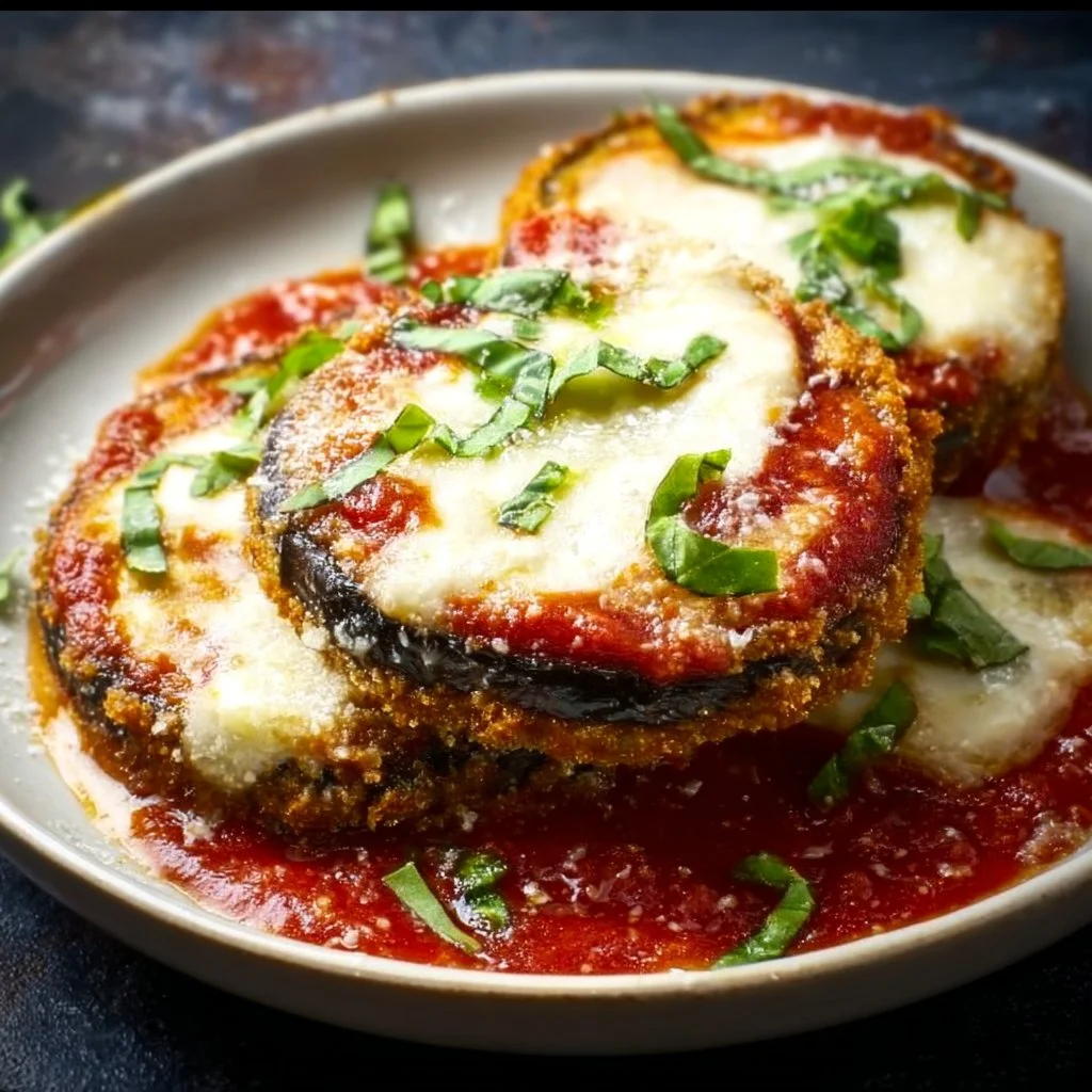 A plate of crispy Air Fryer Eggplant Parmesan with melted cheese and marinara sauce