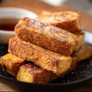 Air Fryer French Toast Sticks served on a plate with syrup and berries.