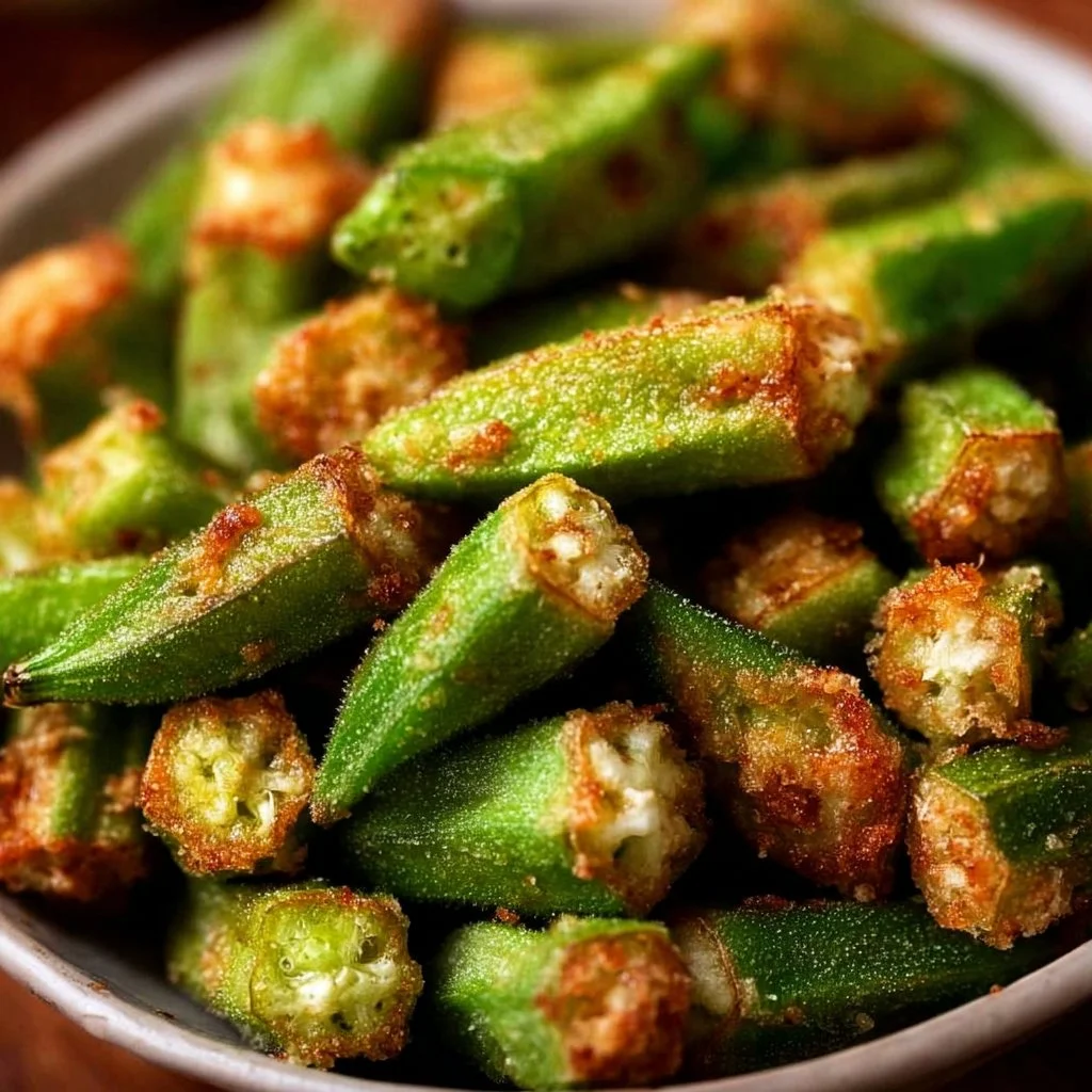 Crispy air fryer fresh okra served in a bowl.