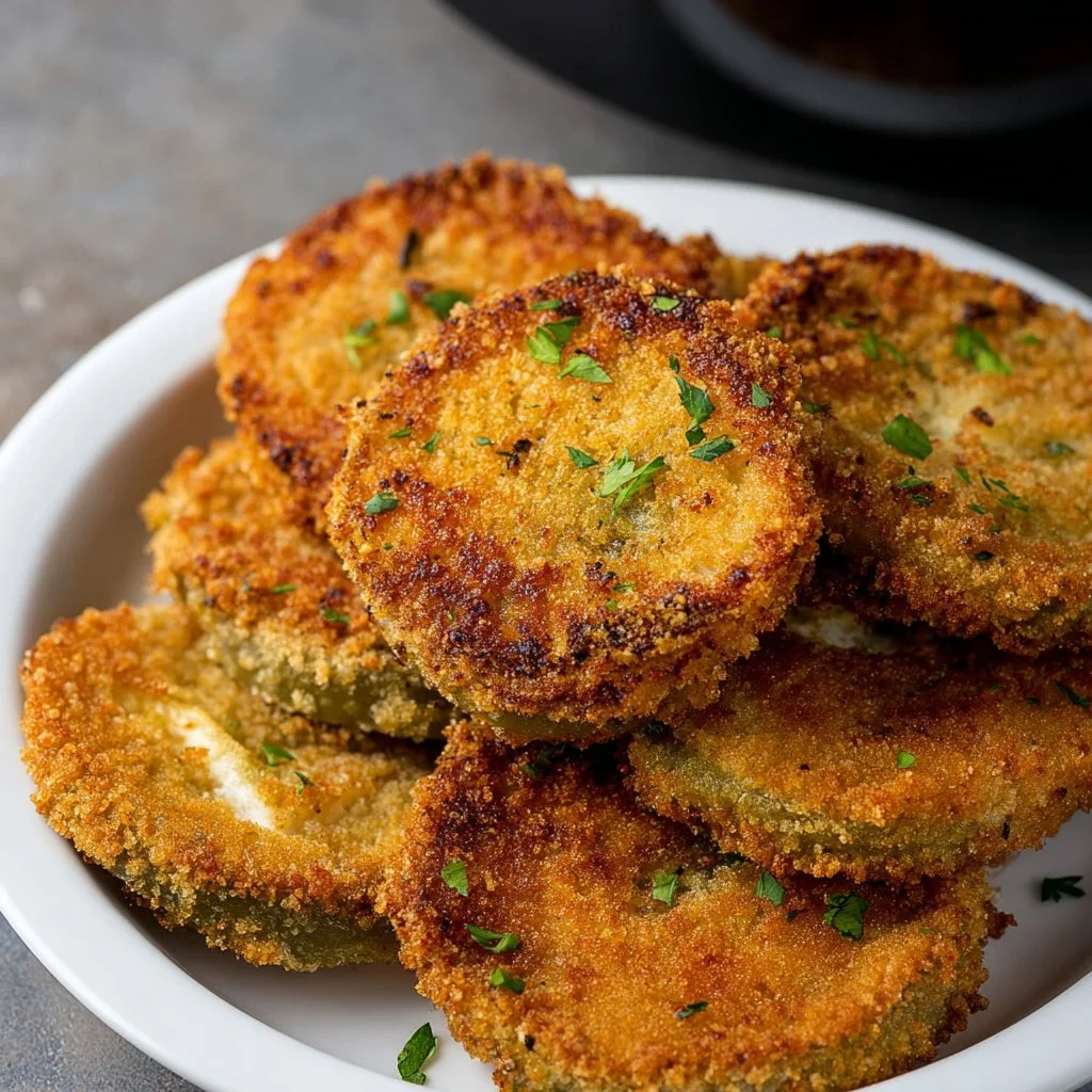 Plate of golden air fryer fried green tomatoes with dipping sauce