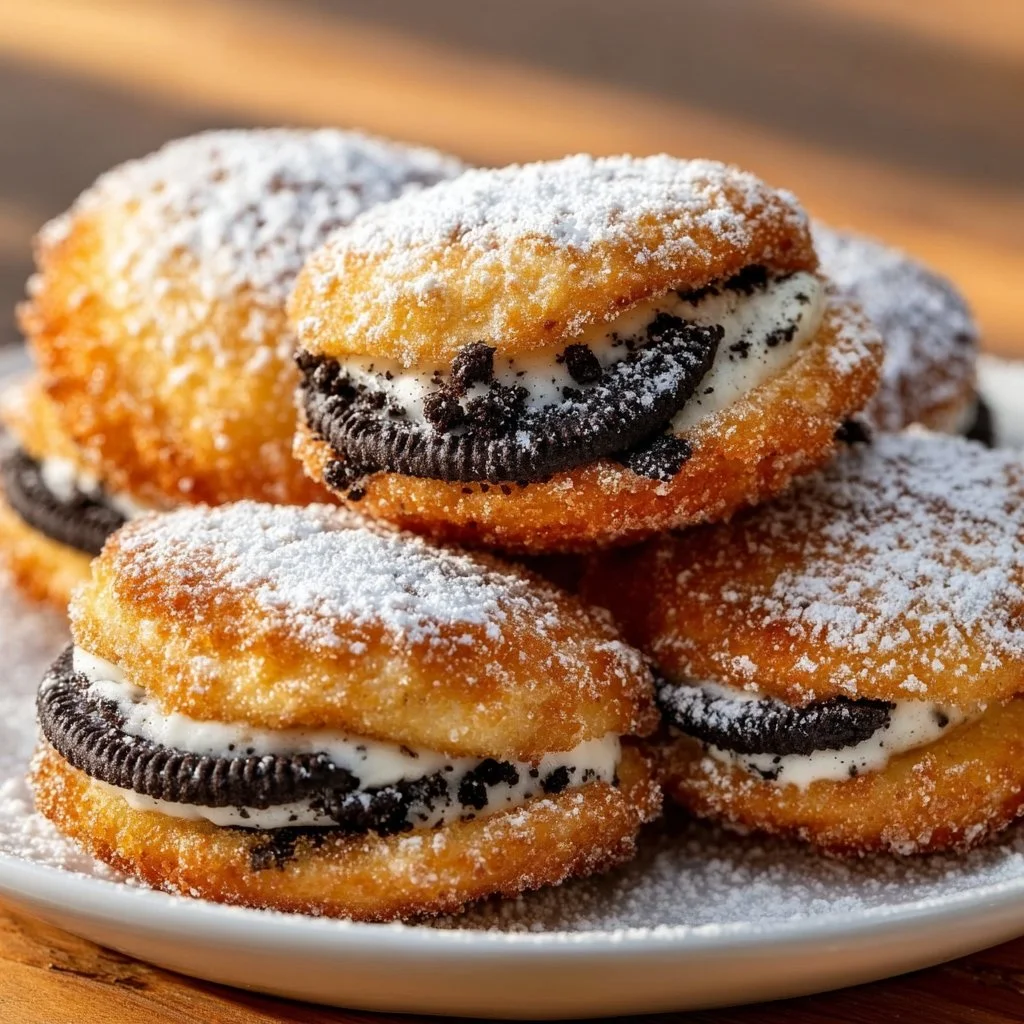 Delicious air fryer fried Oreos on a plate, perfect for snacks or desserts.