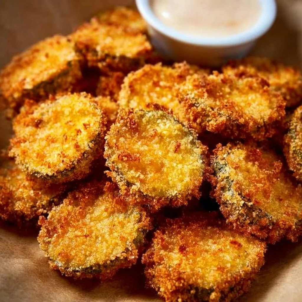 A plate of crispy air fryer fried pickles served with dipping sauce.