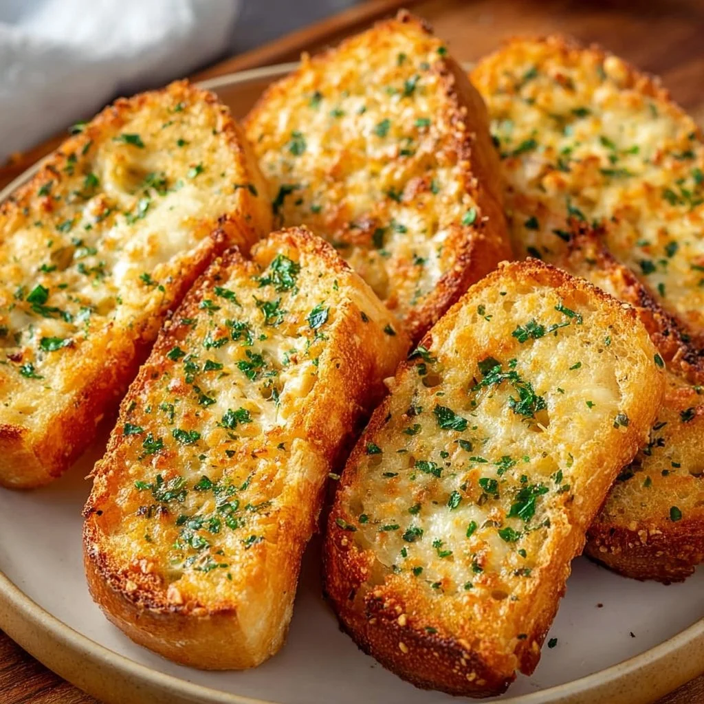 Golden crispy air fryer garlic bread served with herbs