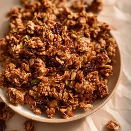 Deliciously crispy Air Fryer Granola in a bowl with fresh fruits and nuts