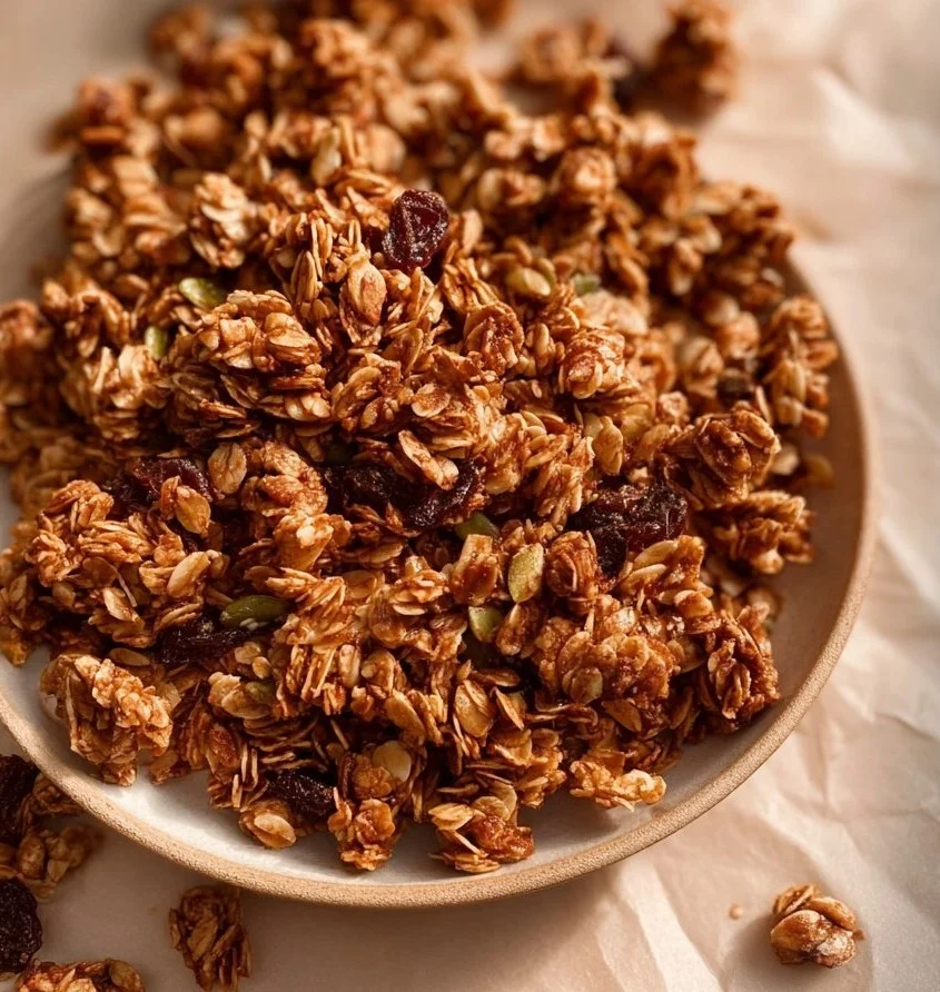 Deliciously crispy Air Fryer Granola in a bowl with fresh fruits and nuts