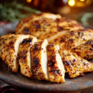 Juicy air fryer grilled chicken served on a plate with herbs