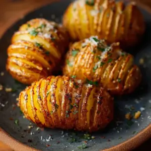 Crispy Air Fryer Hasselback Potatoes garnished with herbs