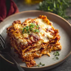 A delicious serving of air fryer lasagna topped with cheese and herbs.