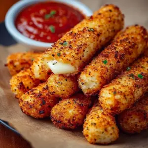 Crispy air fryer mozzarella sticks served with marinara sauce
