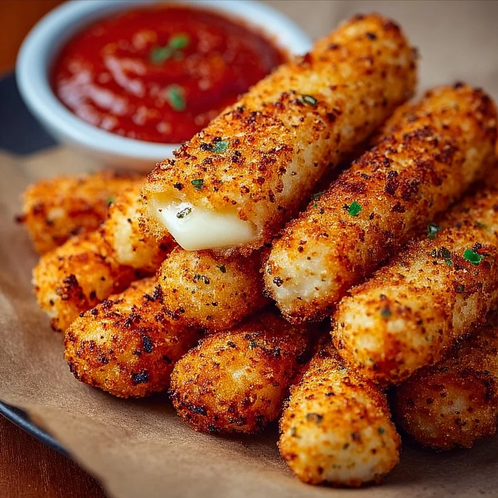 Crispy air fryer mozzarella sticks served with marinara sauce