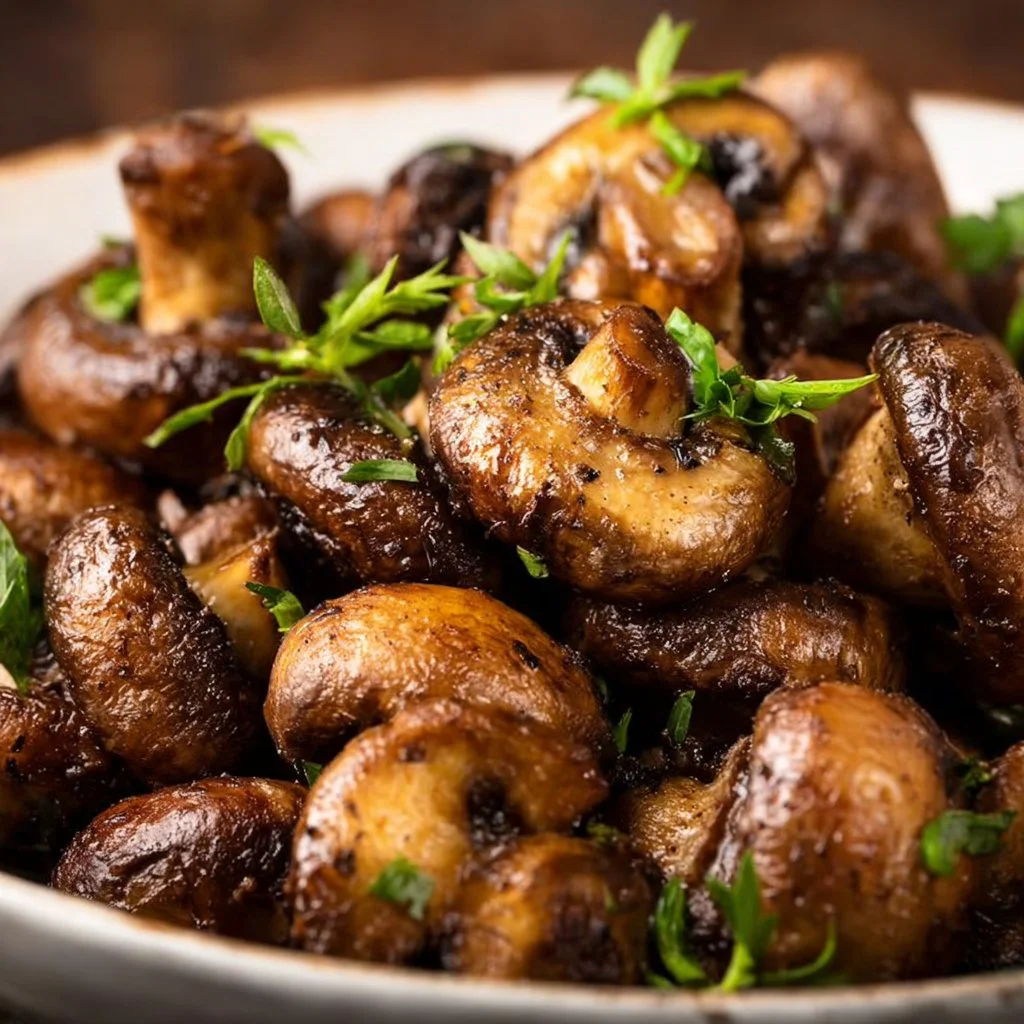 Crispy air fryer mushrooms served in a bowl with fresh herbs for garnish