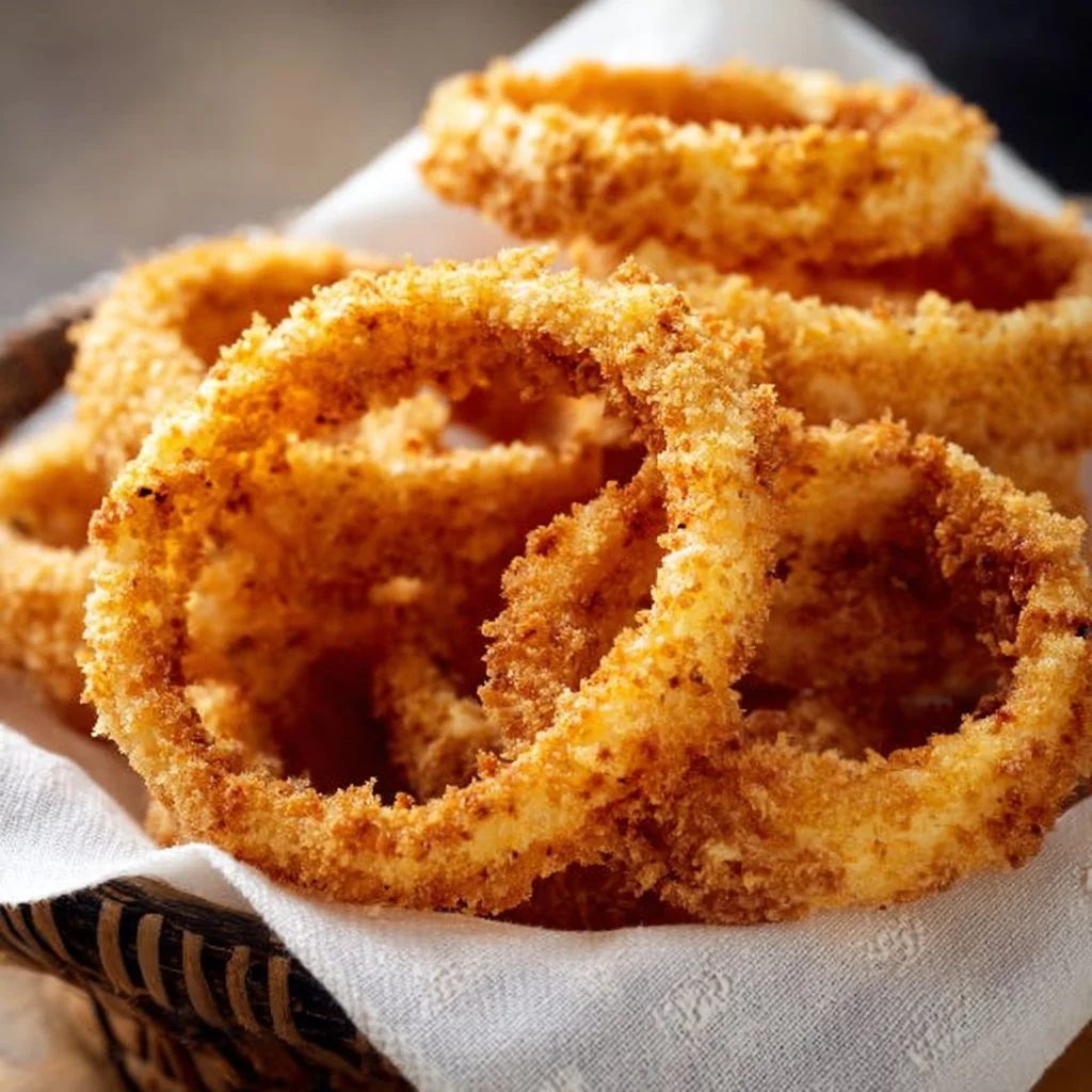 Crispy air fryer onion rings served on a plate with dipping sauce.