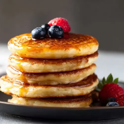 Fluffy air fryer pancakes served on a plate with syrup and berries