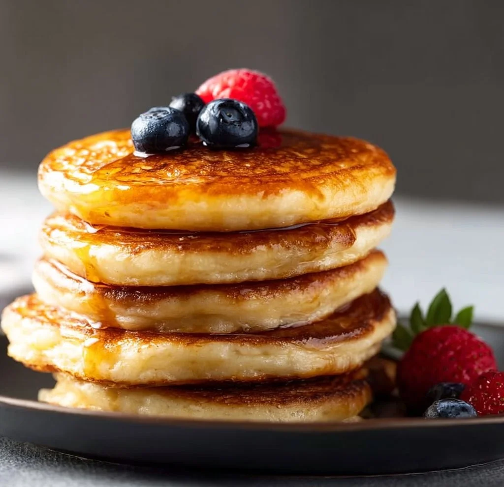 Fluffy air fryer pancakes served on a plate with syrup and berries