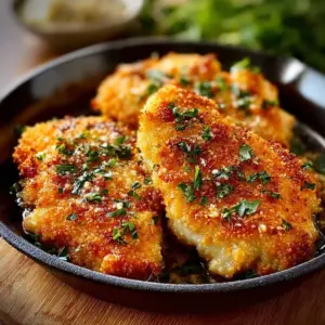Air Fryer Parmesan Crusted Chicken on a plate garnished with herbs