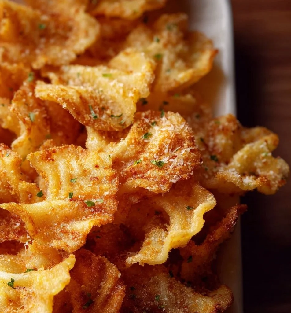 Crispy air fryer pasta chips ready to be served as a tasty snack.