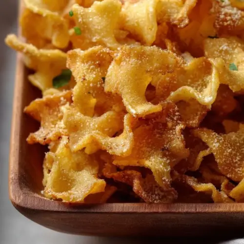 Crispy air fryer pasta chips served in a bowl with seasonings.