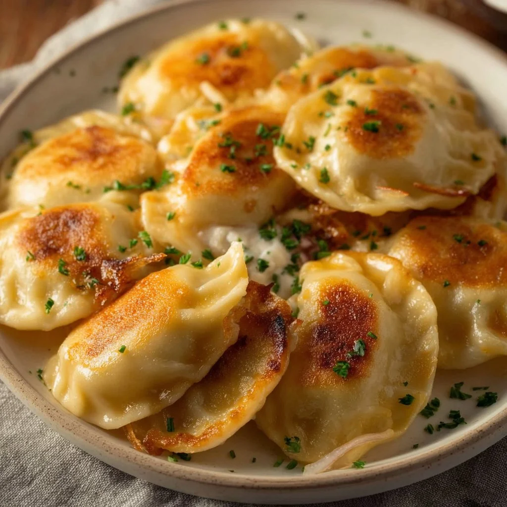 Crispy air fryer pierogies served on a plate with dipping sauce