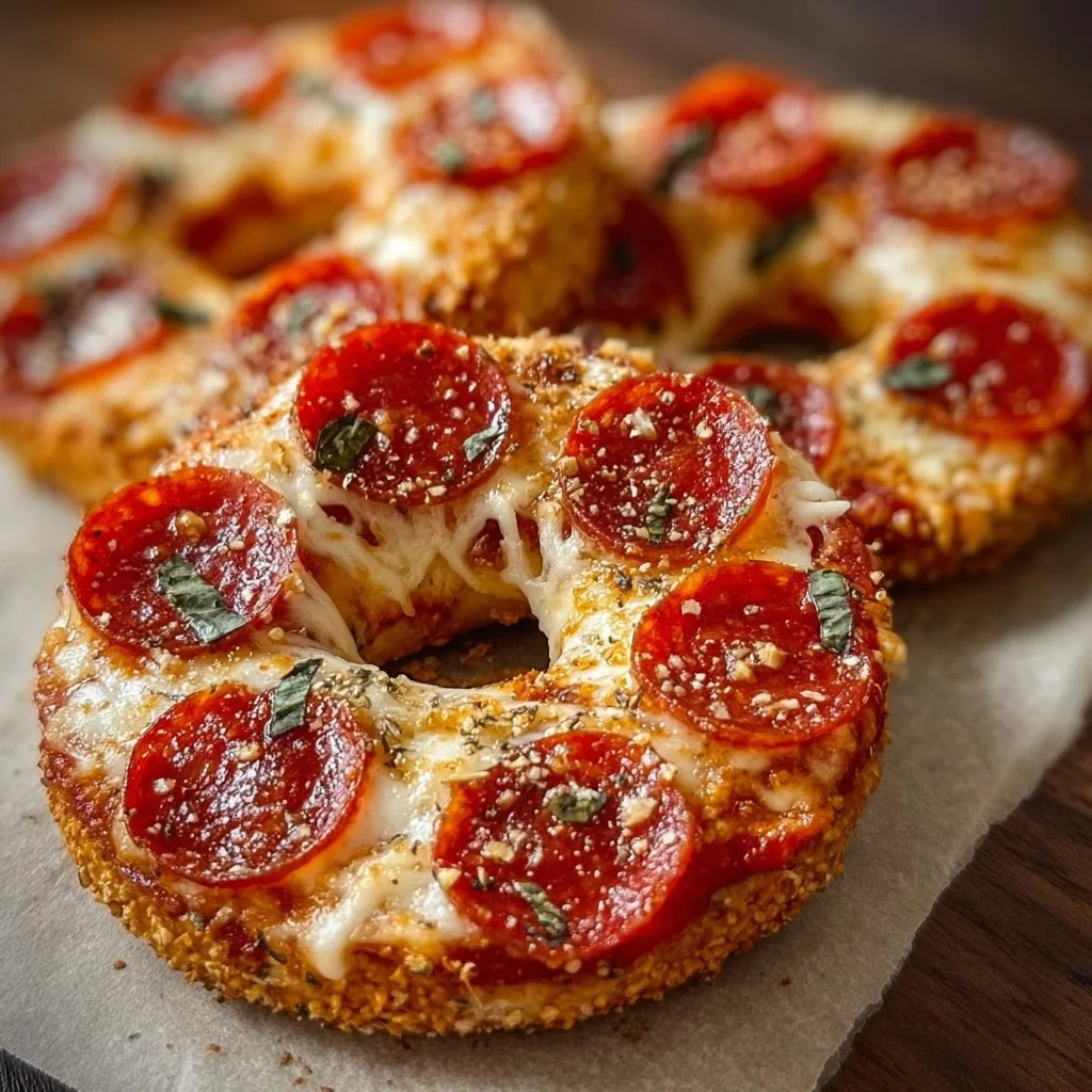 Air fryer pizza bagels topped with cheese and pepperoni