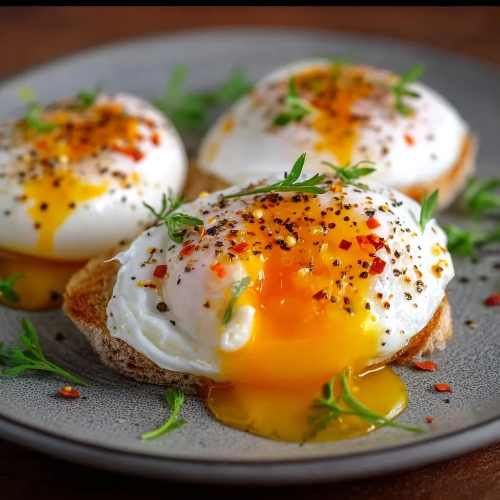 Air Fryer Poached Eggs served on a plate with garnish