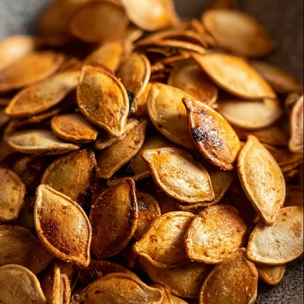 Crispy air fryer pumpkin seeds in a bowl, prepared for healthy snacking.