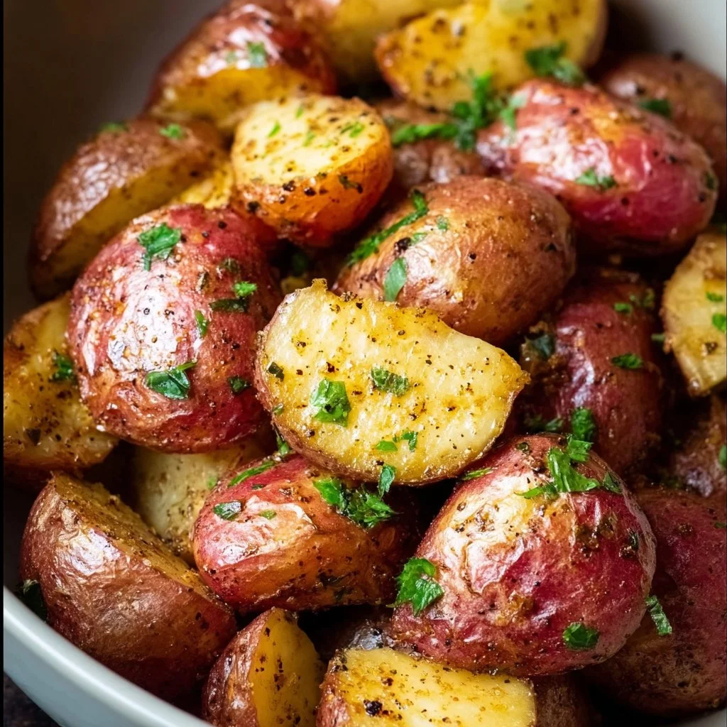 Crispy air fryer red potatoes garnished with herbs