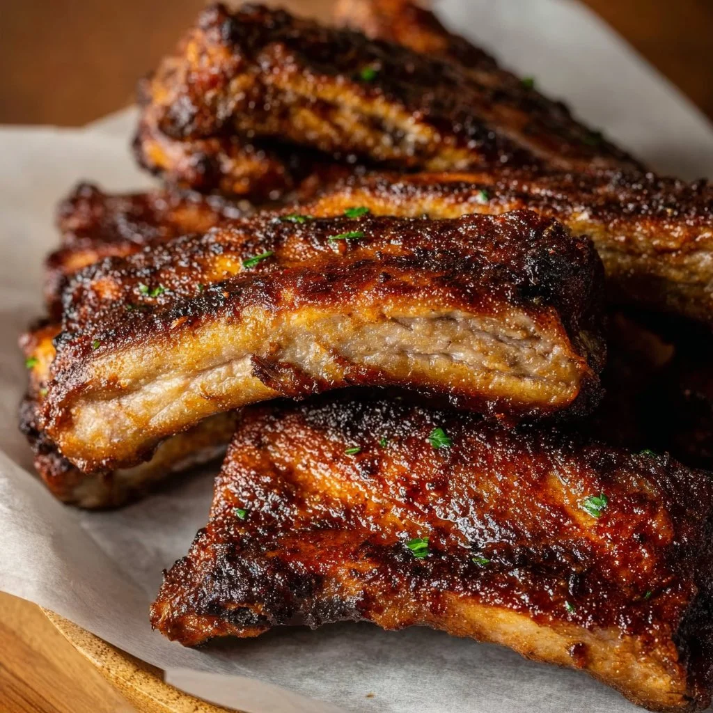 Deliciously cooked Air Fryer Ribs served on a plate with a side of sauce