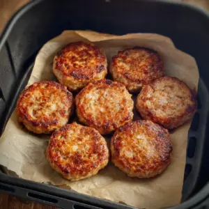 Air fryer sausage patties ready to serve on a plate