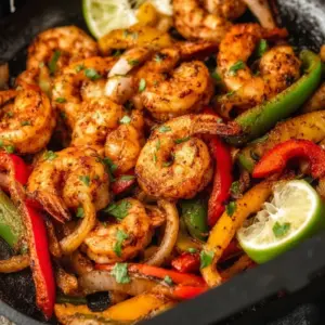 Air fryer shrimp fajitas garnished with peppers and onions on a plate