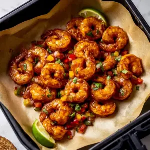 Crispy air fryer shrimp tacos with fresh toppings and vibrant colors.