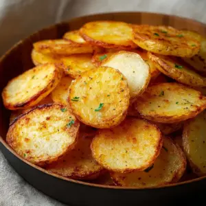 Golden brown air fryer sliced potatoes served on a white plate